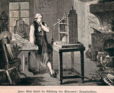 James Watt studies the invention of the Newcomen steam engine, industrialisation, technology,