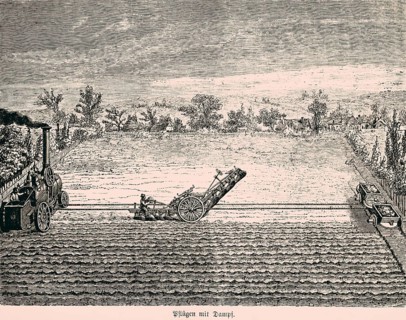 Ploughing with steam, technology, machine, industry, inventions in the 19th century, historical