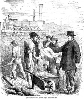 George Stephenson (1771-1848) and his first locomotive, English engineer and founder of the