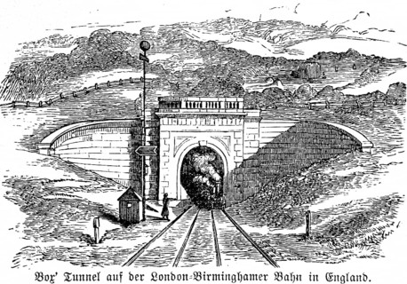 Tunnel on the London-Birmingham railway in England, rails, double track, signal, steam locomotive,