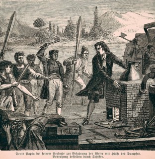 Denis Papin attempting to navigate the Weser with the aid of steam. Threat to the same by boatmen,