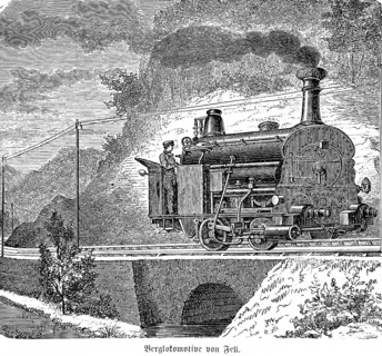 Mountain locomotive by Fell, English engineer, smoking steam locomotive, mountain landscape,