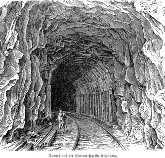 Tunnel on the Central Pacific Railway, America, 19th century inventions, mountain, railway line,