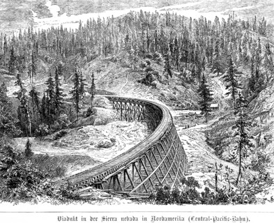 Viaduct in the Sierra Nevada in North America, Central Pacific Railway, wooden construction,