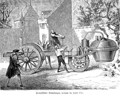 French steam carriage in 1770, first experiments, Paris, workers, steam boiler, three wooden
