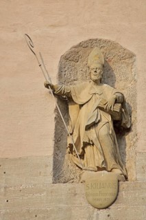 Patron saint Saint Kilian with crosier, sculpture, statue, inscription, Hohntor, Bad Neustadt an