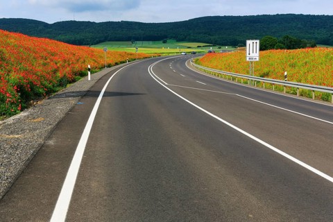 Empty federal road B 240, little traffic, poppy blossom, Eschershausen, Weserbergland, Holzminden,