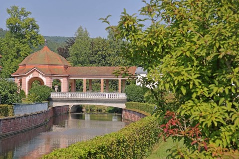 Wernarz spring temple built in 1911 and bridge over the river Sinn, temple, Art Nouveau, spa