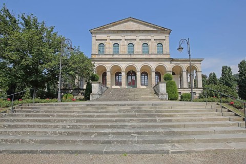 Classicist Kursaal building with open staircase, state spa, Bad Brückenau, Rhön, Bavaria, Germany