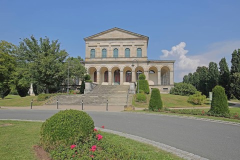 Classicist Kursaal building with open staircase, state spa, Bad Brückenau, Rhön, Bavaria, Germany