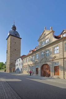 Baroque Provost's Court and medieval witches' tower, town tower, Zeil am Main, Lower Franconia,