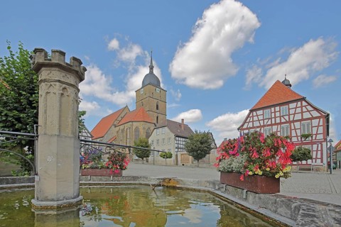 Market fountain, town hall and town church of Our Lady built 16th century, half-timbered house,