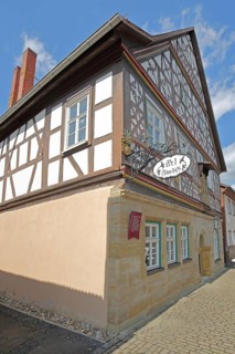 Historic Happach house, half-timbered house with decorations, gable, nose shield, Heldburg,