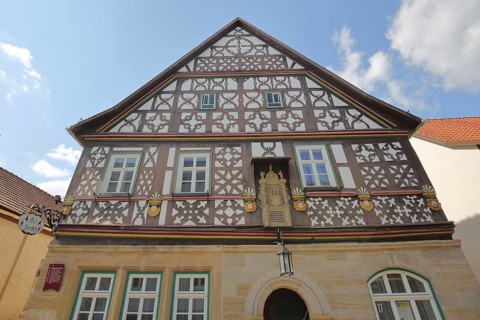 Historic Happach house, half-timbered house with decorations, gable, nose shield, Heldburg,