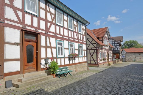 Half-timbered houses, Badergasse, ox wall tower, Heldburg, Thuringia, Germany