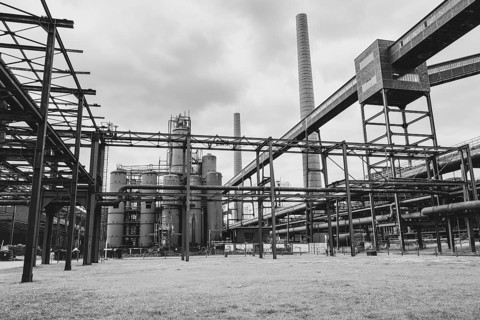 Pre-coolers and chimneys on the site of the coking plant, Zollverein Coal Mine Industrial Complex,