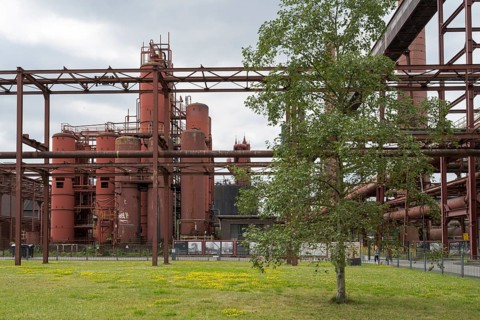Pre-coolers and chimneys on the site of the coking plant, Zollverein Coal Mine Industrial Complex,