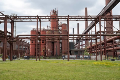 Pre-coolers and chimneys on the site of the coking plant, Zollverein Coal Mine Industrial Complex,