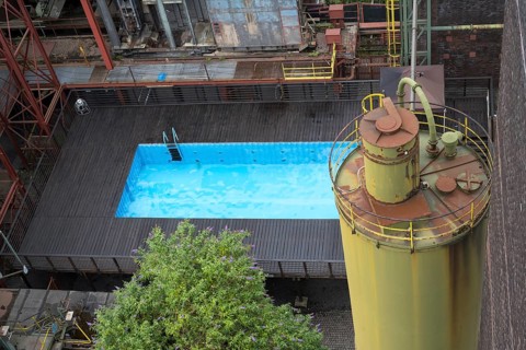View from above of the works swimming pool, coking plant, Zollverein Coal Mine Industrial Complex,