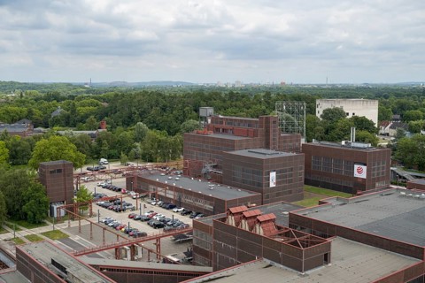 Zollverein Coal Mine Industrial Complex with Design Museum and Sanaa Building, view from the