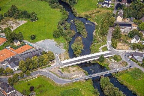 Aerial view, temporary bridge and construction site with new construction of the Dinscheder