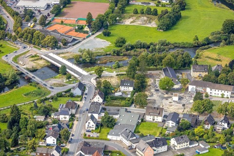 Aerial view, temporary bridge and construction site with new construction of the Dinscheder