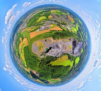 Aerial photo, Ebel quarry, Habbeler Bach Müschede, earth globe, fisheye image, 360 degree image,