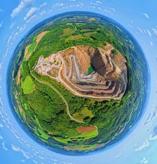 Aerial photo, Ebel quarry, Effenberg plant, Herdringen, earth globe, fisheye image, 360 degree