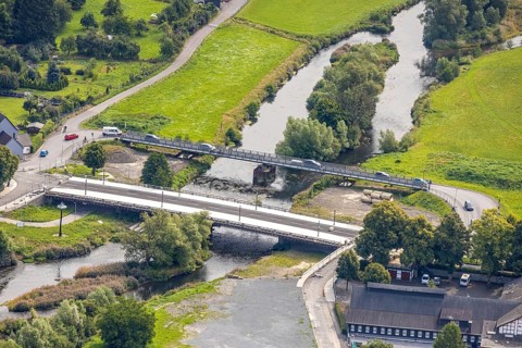 Aerial view, temporary bridge and construction site with new construction of the Dinscheder