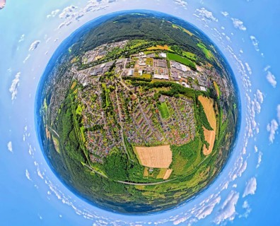 Aerial view, residential area, view of Niedereimer district and commercial area Nidereimerfeld,