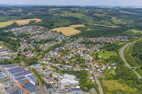 Aerial view, residential area, local view of Niedereimer in the forest area, motorway bridge of the