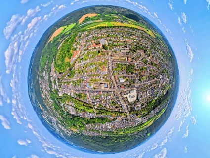 Aerial view, city centre view with town hall district government Arnsberg, earth globe, fisheye