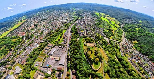 Aerial photo, Arnsberg castle ruins on the Schlossberg, earth globe, fisheye image, 360 degree