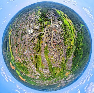 Aerial view, city centre view with town hall district government Arnsberg, earth globe, fisheye