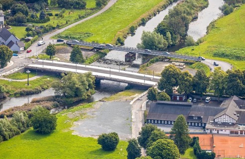 Aerial view, temporary bridge and construction site with new construction of the Dinscheder