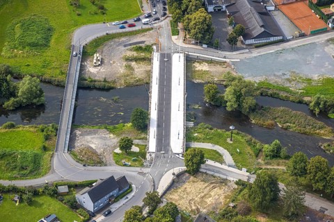 Aerial view, temporary bridge and construction site with new construction of the Dinscheder