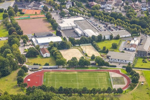 Aerial view, football stadium and athletics stadium TuS Öventrop, riding and driving club Öventrop