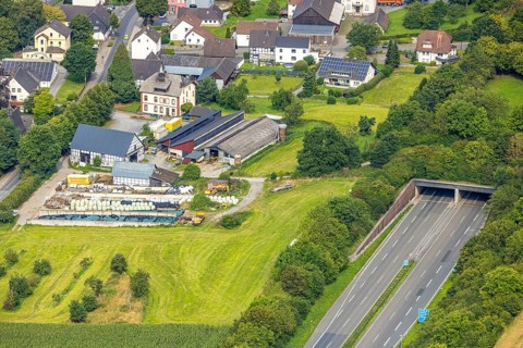 Aerial view, residential area, view of Uentrop district with tunnel and green bridge over the A46