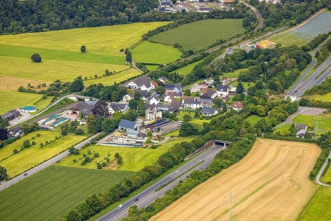 Aerial view, residential area, view of Uentrop district with tunnel and green bridge over the A46
