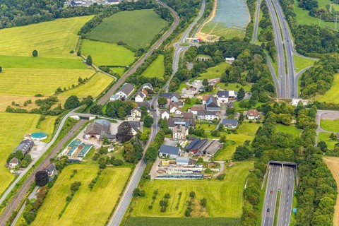Aerial view, residential area, view of Uentrop district with tunnel and green bridge over the A46