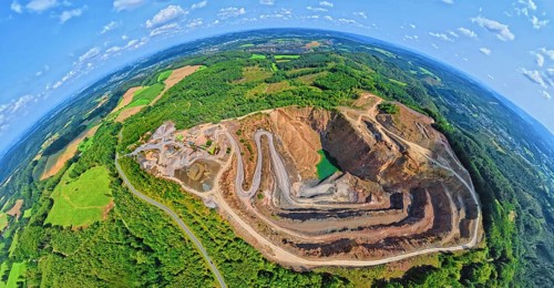 Aerial photo, Ebel quarry, Effenberg plant, Herdringen, earth globe, fisheye image, 360 degree