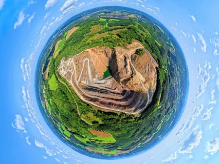 Aerial photo, Ebel quarry, Effenberg plant, Herdringen, earth globe, fisheye image, 360 degree