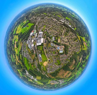 Aerial photo, residential area, local view, Niedereimer district, earth globe, fisheye shot, 360