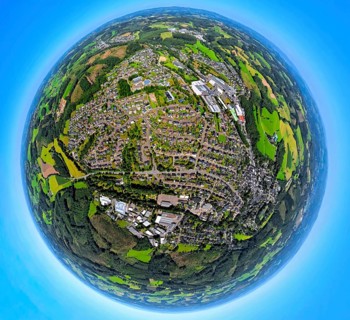 Aerial photo, residential area, local view, Niedereimer district, earth globe, fisheye shot, 360