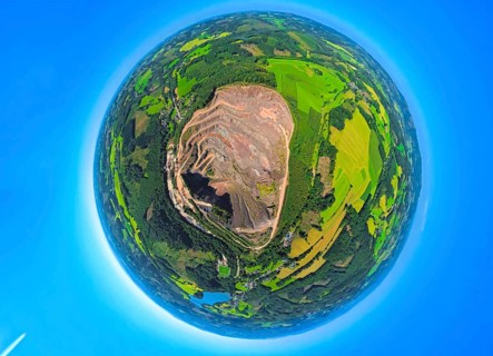 Aerial view, Ebel quarry, Effenberg plant surrounded by meadows and fields, globe, fisheye image,