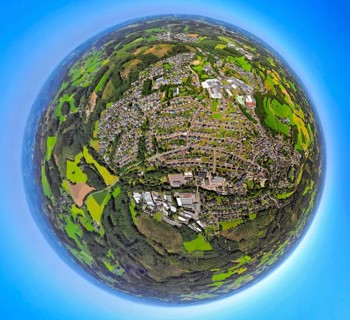 Aerial photo, residential area, local view, Niedereimer district, earth globe, fisheye shot, 360