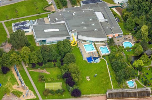 Aerial view, NASS leisure pool, outdoor and indoor pool, Hüsten, Arnsberg, Ruhr area, North