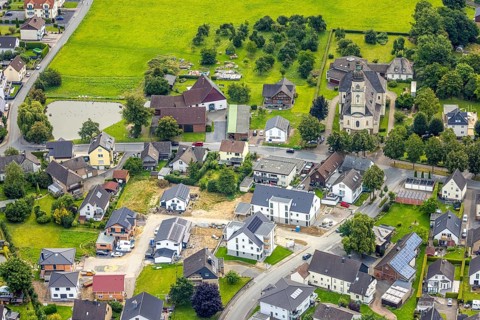 Aerial view, construction site with new residential area Nagelskamp and church St. Maria Magdalena,