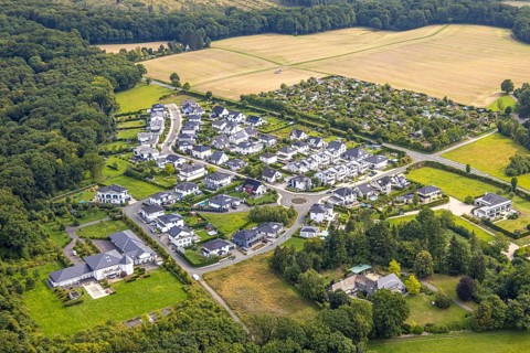 Aerial view, new housing estate Zum Dollberg, allotment garden association Neheim e. V., Neheim,