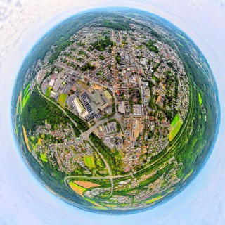 Aerial view, residential area city centre view Neheim City East, earth globe, fisheye image, 360